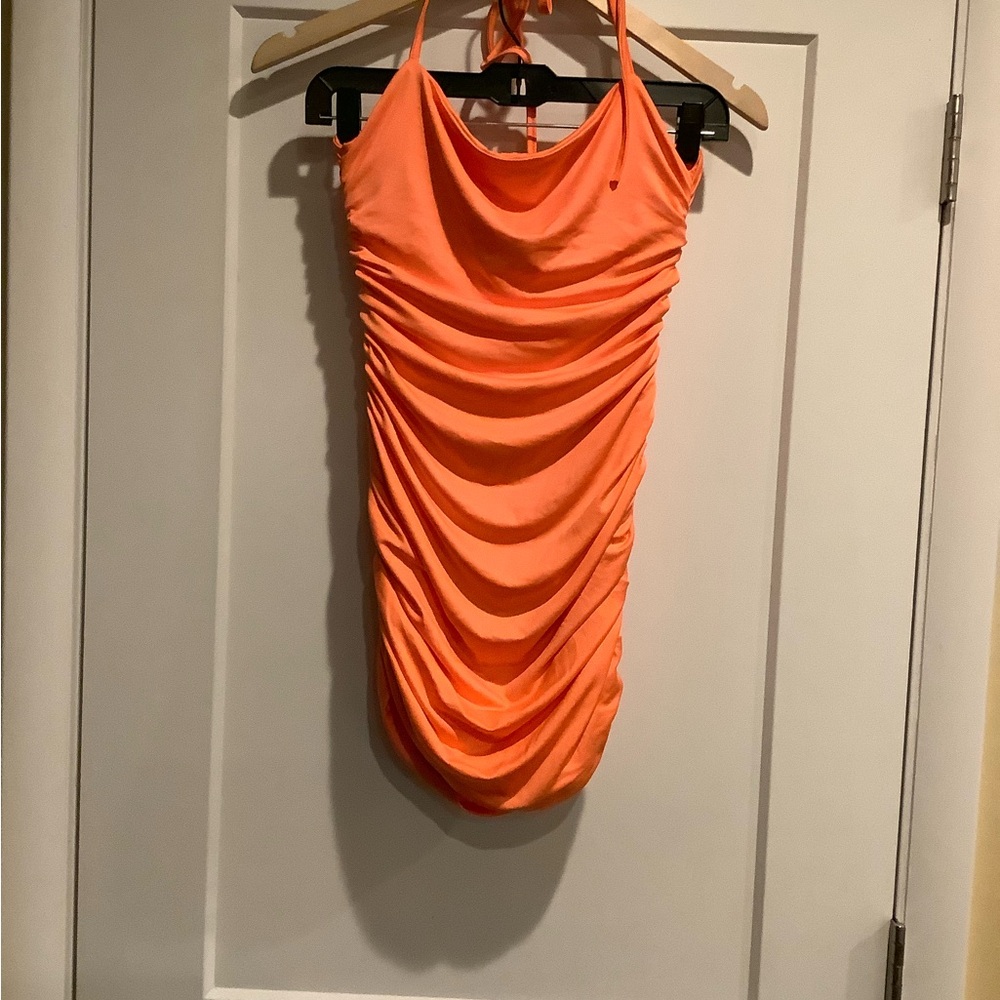HOCO Orange Ruched Halter Mesh Dress